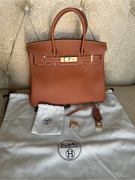 Handbags - Hermès-Style Cognac Leather Top-Handle Tote Bag